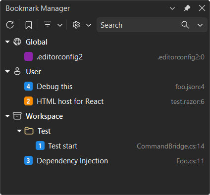 Bookmark Manager tool window showing color-coded bookmarks organized in folders.