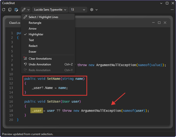 CodeShot preview with annotations highlighting important code