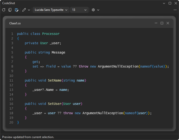 CodeShot tool window displaying a syntax-colored code screenshot